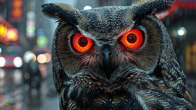 Majestic owl with glowing eyes perched in a vibrant, rainy urban setting at night