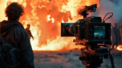 Filming the Fury: A cameraman captures a dramatic explosion on film, with a sense of urgency and raw power. This intense image depicts a pivotal moment of action.