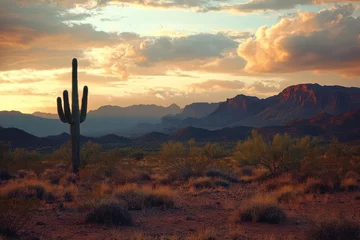 Fotobehang desert mountains at golden hour dramatic red rock formations lone cactus silhouette dusty western landscape with dramatic clouds © furyon