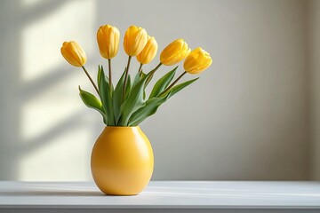 Elegant arrangement of yellow tulips in a minimalist setting, perfect for spring events, home decor, or floral design inspiration with ample copy space.