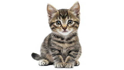 Cute tabby kitten sitting on a white background