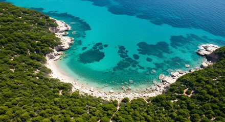 Fototapeta premium Aerial View Of Serene Cove With Turquoise Waters And Rocky Cliffs