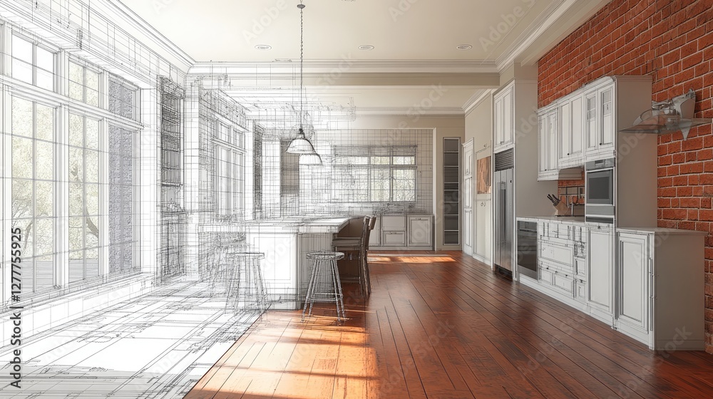 Aufkleber a photo-realistic image of a remodeling project for a fixer-upper house, featuring 3d wireframes and