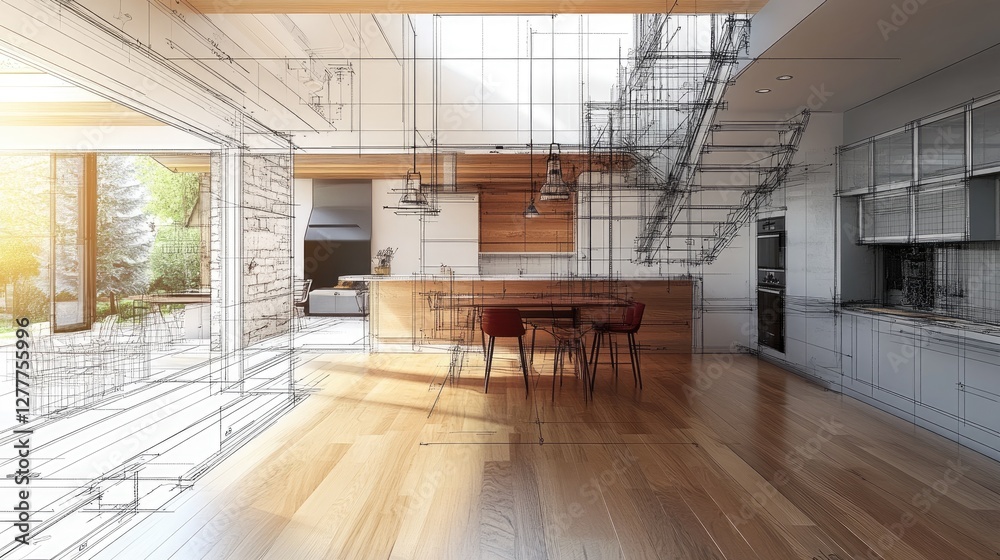 Aufkleber a photo-realistic image of a remodeling project for a fixer-upper house, featuring 3d wireframes and