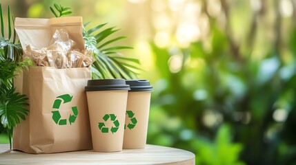 Minimalistic eco-friendly food packaging with recycling symbols, set on a wooden surface. Bright natural light highlights sustainability and green living.