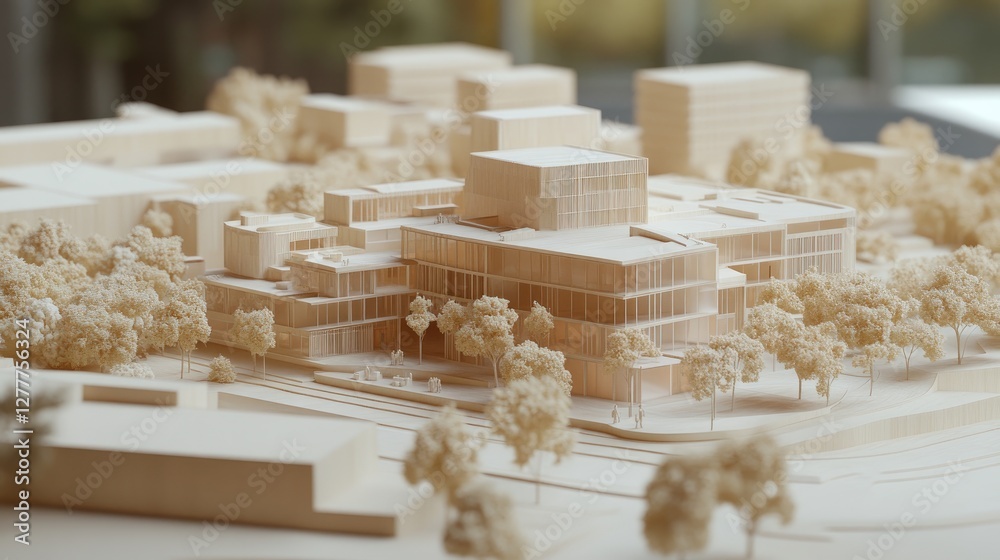 Poster a photo-realistic maquette of a mixed-use development, capturing the integration of residential, com