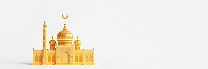 Fototapeta premium Two intricate paper buildings resembling mosques, with a striking gold moon in the center, against a white background, cultural, isolated