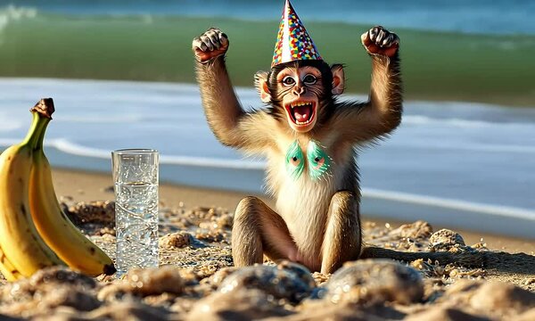 Playful monkey wearing a party hat celebrates joyfully on a sandy beach with bananas and ocean waves