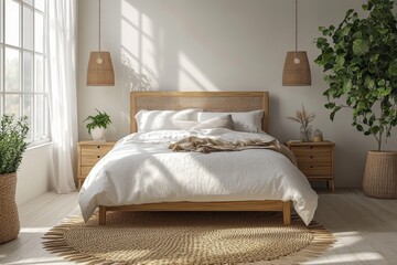 Fototapeta premium Serene Modern Bedroom Interior White Linen Bedding Rattan Bed Frame Natural Light