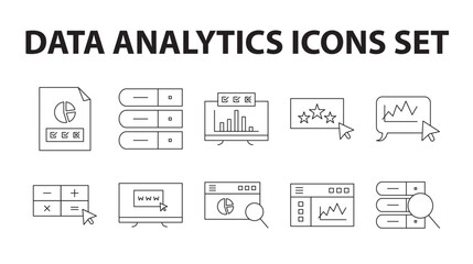 Data Analytics Line Icon Set | Business Intelligence, Statistical Analysis, Market Trends, Performance Metrics, Financial Reports, Data Visualization, and Digital Insights Collection