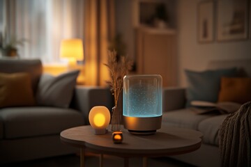 Serene living room scene at night, featuring a modern illuminated glass device on a coffee table alongside warm lighting.  The ambiance is calming and sophisticated.