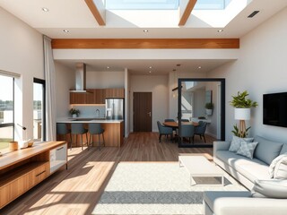 Top view layout plan of a modern fully furnished apartment featuring open concept living areas, spacious bedrooms, sleek kitchen, and cozy outdoor terrace, terrace, modern