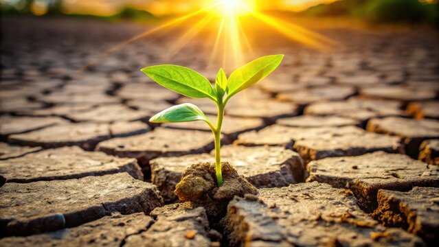A resilient seedling emerges from cracked earth, bathed in the golden light of the setting sun, symbolizing hope and perseverance in challenging conditions.