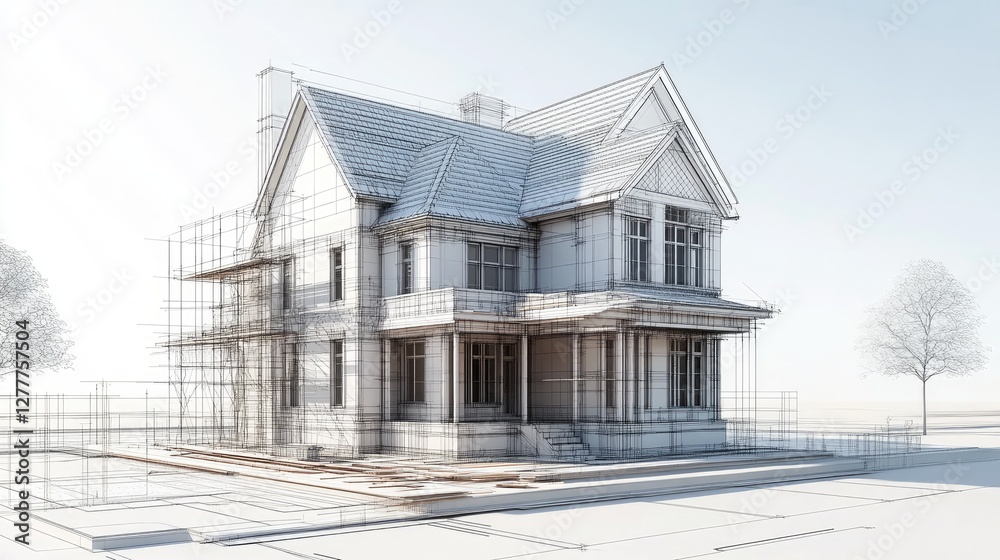 Poster A realistic 3D wireframe model and blueprint layout of an old house being remodeled, with construction elements in place for renovation.