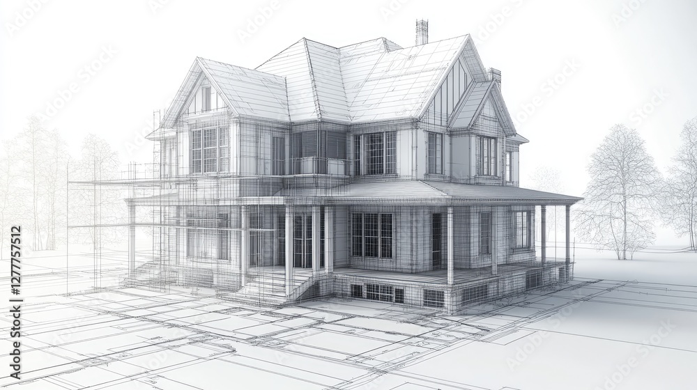 Poster A realistic 3D wireframe model and blueprint layout of an old house being remodeled, with construction elements in place for renovation.