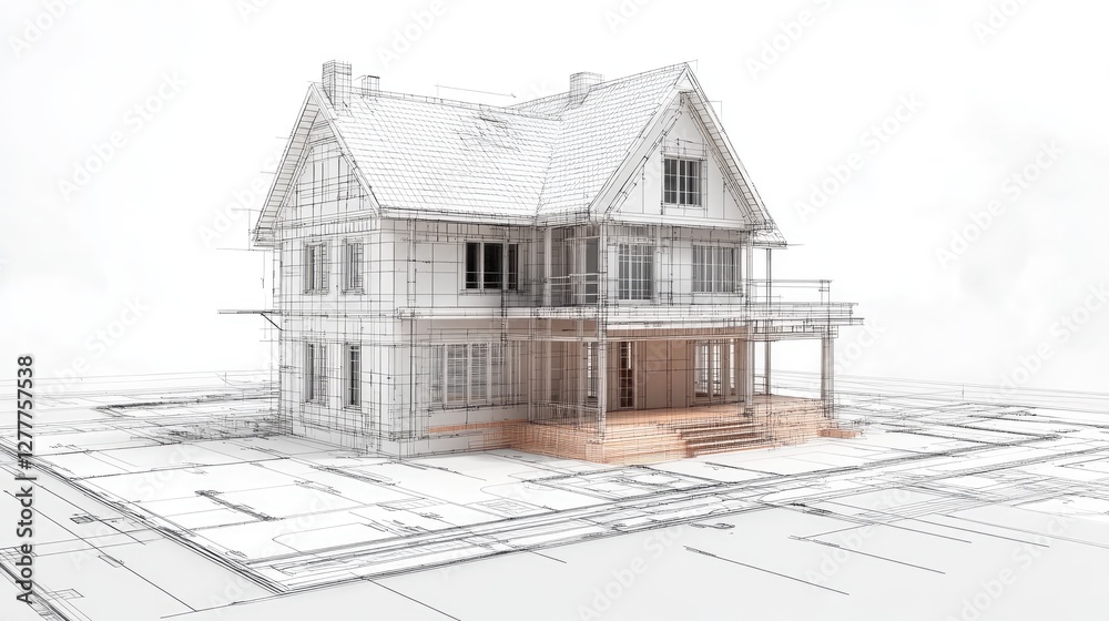 Poster A realistic 3D wireframe model and blueprint layout of an old house being remodeled, with construction elements in place for renovation.