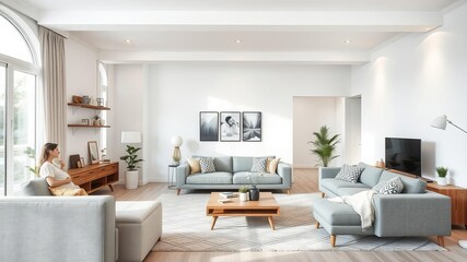 Fototapeta premium Spacious open layout with kitchen, living room, and dining area, furniture, organized