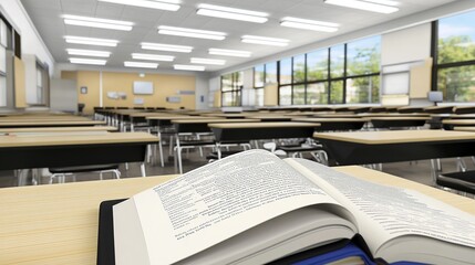 Obraz premium Open textbook in empty classroom, bright windows, learning
