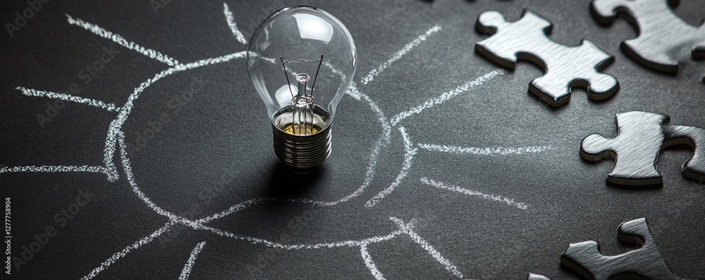 Leinwandbilder A blackboard with a light bulb drawn and stepsshaped jigsaw puzzle pieces, symbolizing the structured approach to developing new ideas and problemsolving