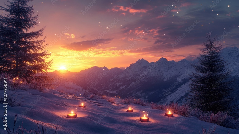 Poster a serene sunset over snowy mountains, illuminated by the soft glow of candles, creating a peaceful a