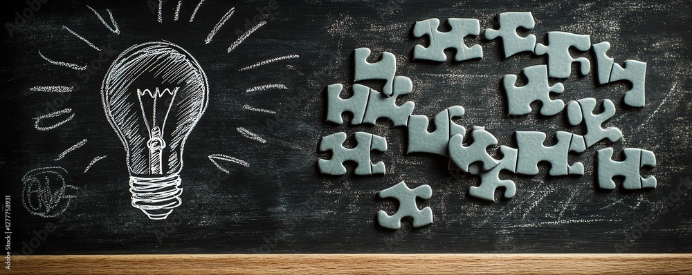 Fototapete A blackboard with a light bulb drawn and stepsshaped jigsaw puzzle pieces, symbolizing the structured approach to developing new ideas and problemsolving