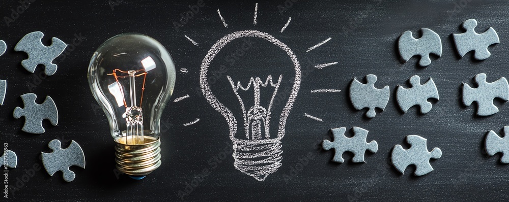 Fototapete A blackboard with a light bulb drawn and stepsshaped jigsaw puzzle pieces, symbolizing the structured approach to developing new ideas and problemsolving