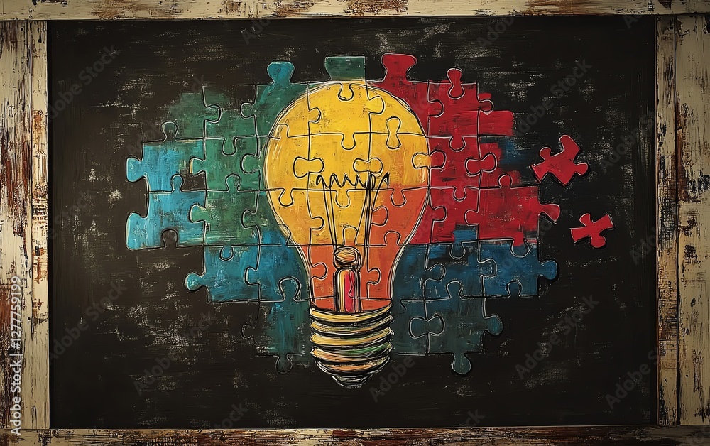 Fototapete A chalk drawing of a light bulb on a blackboard with jigsaw puzzle pieces arranged in steps, representing the stages of developing creative solutions