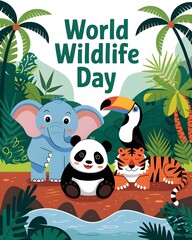 Naklejka premium World Wildlife Day Poster Featuring Diverse Animals in a Lush Forest 