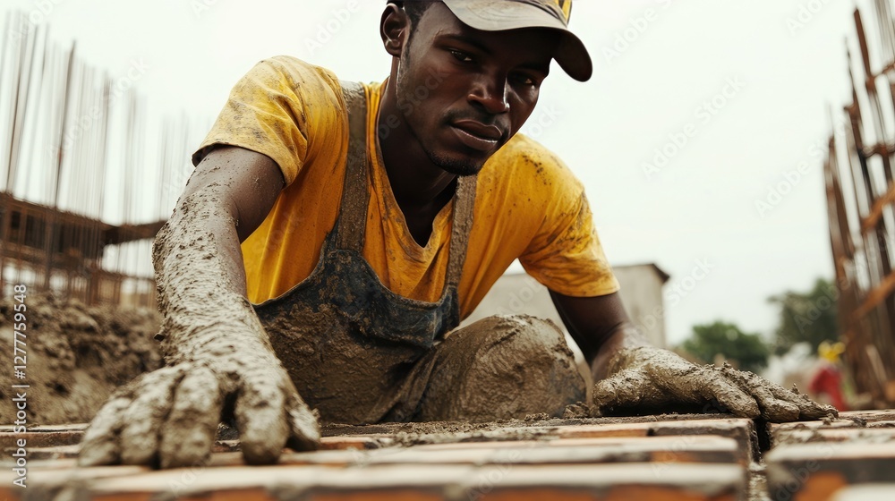 Poster A skilled worker laying bricks with precision, creating the foundation of a building on a construction site.