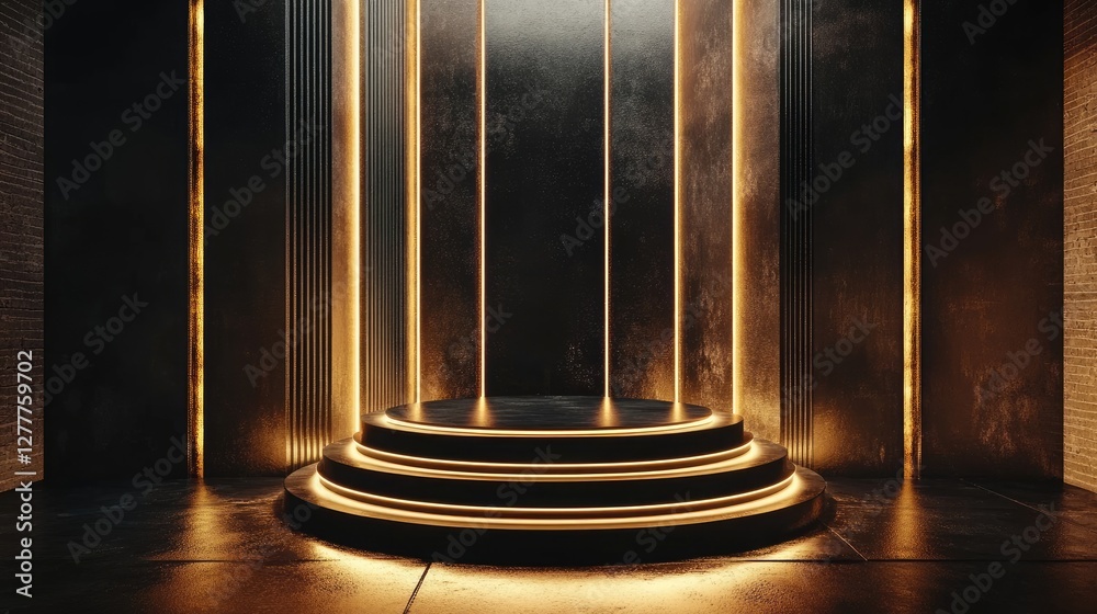 Poster a sleek black and gold podium with shimmering light effects, creating an elegant stage for a formal 