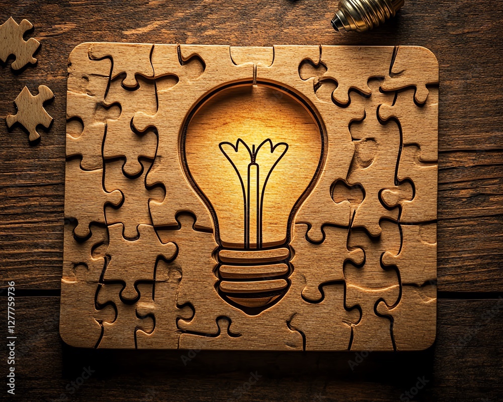 Poster a concept image of a wooden desk with a nearly completed puzzle, the last piece featuring a light bu