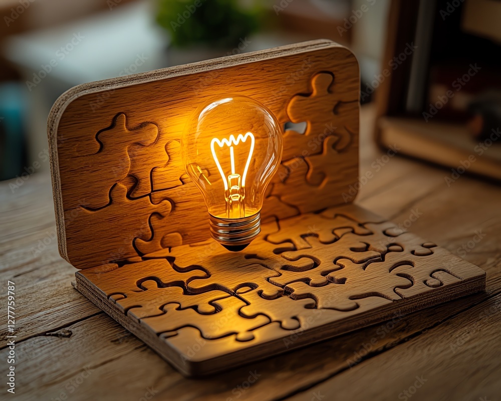 Poster a concept image of a wooden desk with a nearly completed puzzle, the last piece featuring a light bu