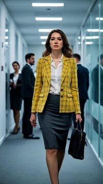 Confident businesswoman in a yellow macleod tartan blazer walking through a modern office corridor