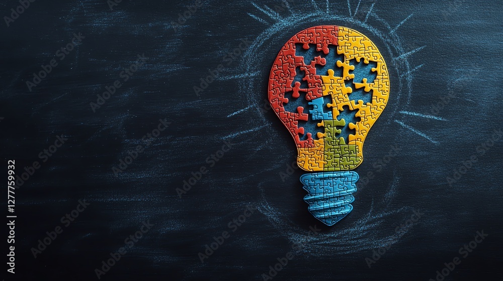 Poster A creative concept of a light bulb drawn on a blackboard with jigsaw puzzle steps leading to it, representing the process of idea development and innovation