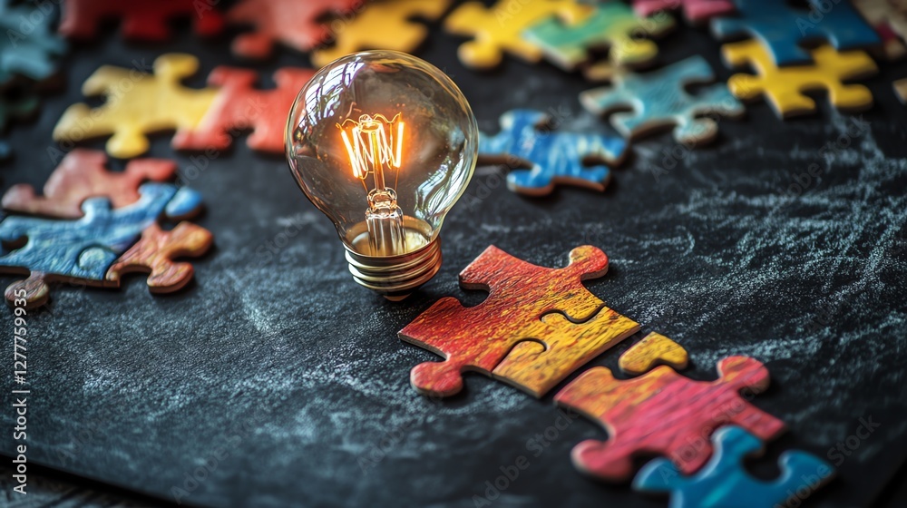 Poster A creative concept of a light bulb drawn on a blackboard with jigsaw puzzle steps leading to it, representing the process of idea development and innovation