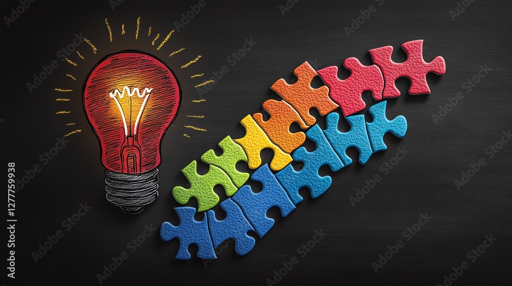 Poster A creative concept of a light bulb drawn on a blackboard with jigsaw puzzle steps leading to it, representing the process of idea development and innovation