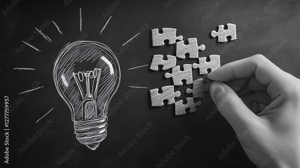 Poster A creative concept of a light bulb drawn on a blackboard with jigsaw puzzle steps leading to it, representing the process of idea development and innovation