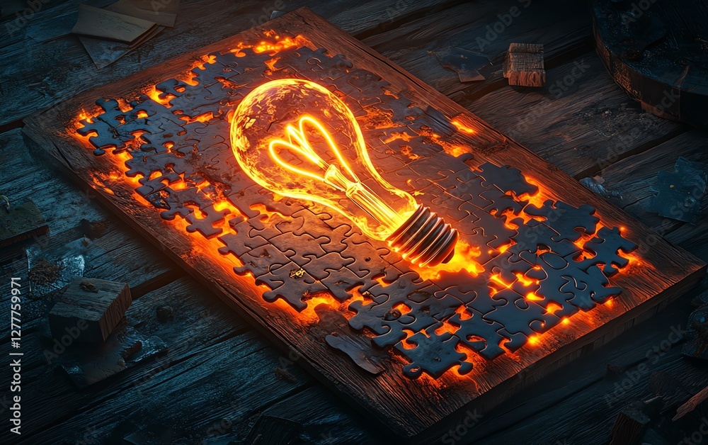 Poster a creative concept of solving a puzzle on a wooden desk, with a light bulb illustration on the final