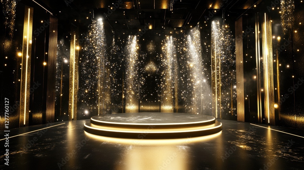 Poster a sophisticated stage in black and gold, with dynamic light effects, perfect for a high-end performa
