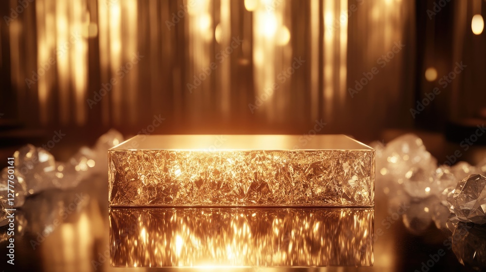 Aufkleber a sparkling crystal podium bathed in a warm golden light effect, creating a luxurious and ethereal a