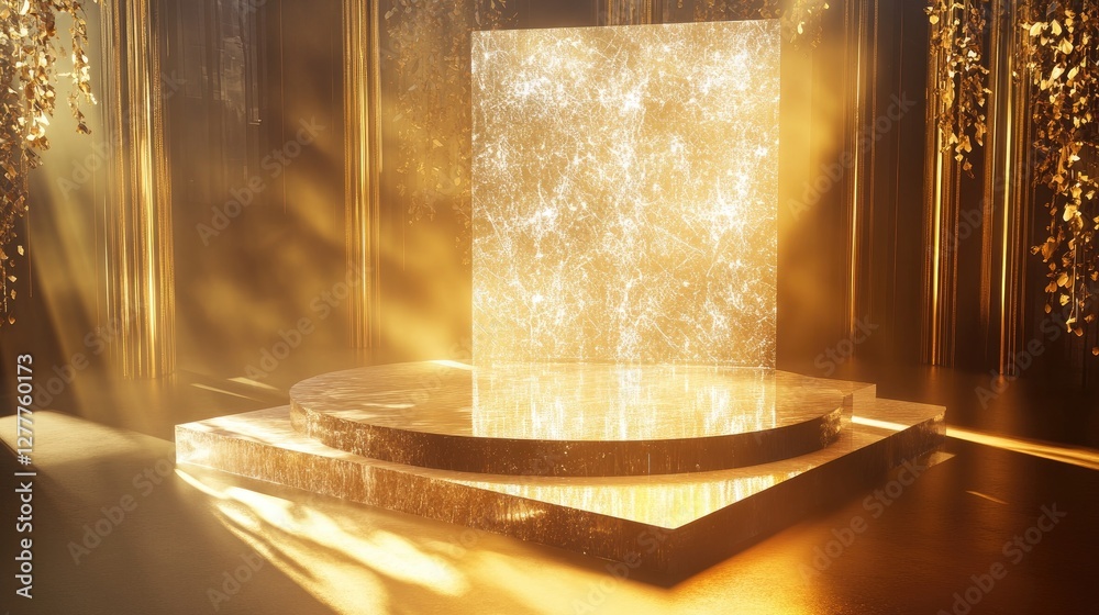 Aufkleber a sparkling crystal podium bathed in a warm golden light effect, creating a luxurious and ethereal a