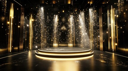 A sophisticated stage in black and gold, with dynamic light effects, perfect for a high-end performance or event.
