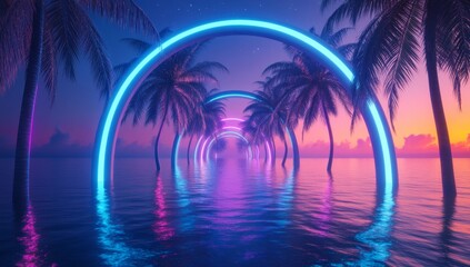 Neon archway, palm trees, sunset ocean, digital art, travel poster