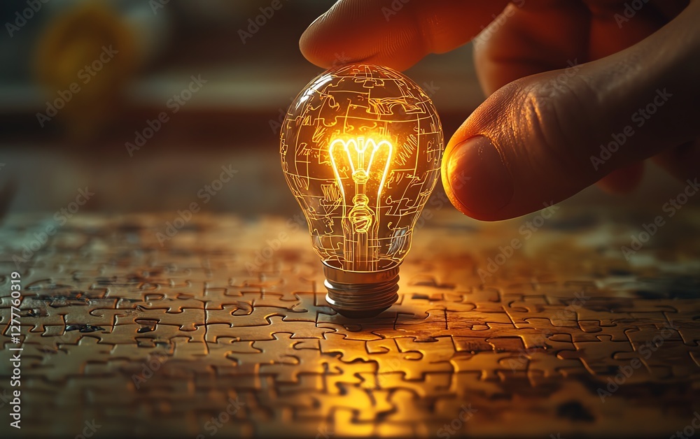 Poster a hand placing the final puzzle piece with a light bulb drawing on it, symbolizing the discovery of 