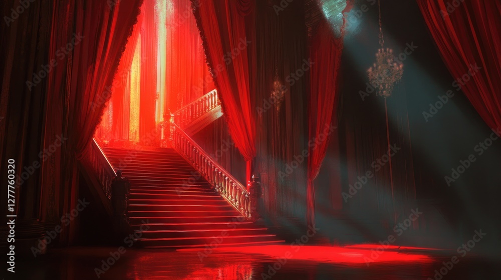 Poster a striking scene with red curtains and a staircase, illuminated by light effects, setting a dramatic