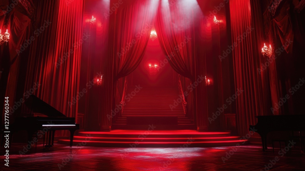 Poster a striking scene with red curtains and a staircase, illuminated by light effects, setting a dramatic