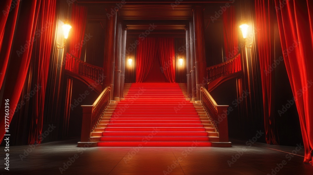 Poster a striking scene with red curtains and a staircase, illuminated by light effects, setting a dramatic