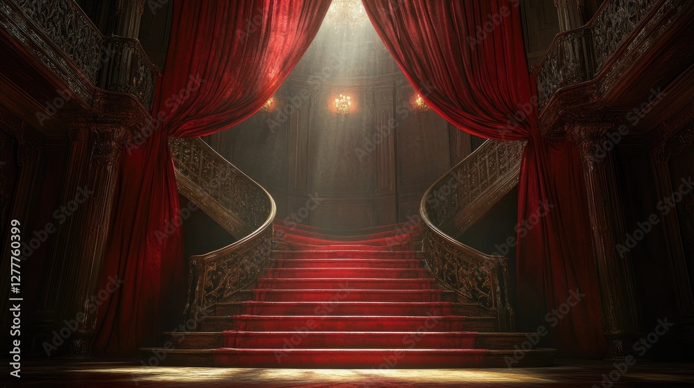 Poster a striking scene with red curtains and a staircase, illuminated by light effects, setting a dramatic