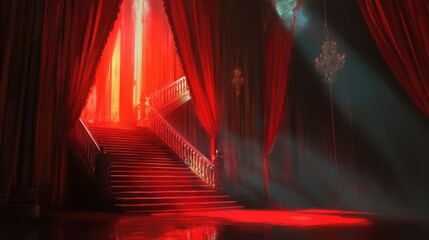 Fototapeta premium A striking scene with red curtains and a staircase, illuminated by light effects, setting a dramatic tone.