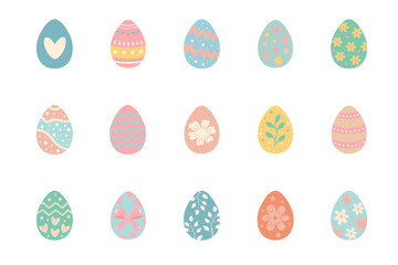 Easter egg set on white background. Colorful pastel painted eggs.